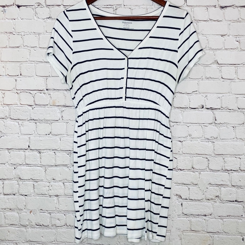 Motherhood Maternity White + Navy Stripe Top Med